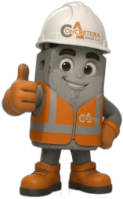 Concri, la mascota de Concretera ANSA: un bloque de concreto con casco y chaleco naranja levantando el pulgar